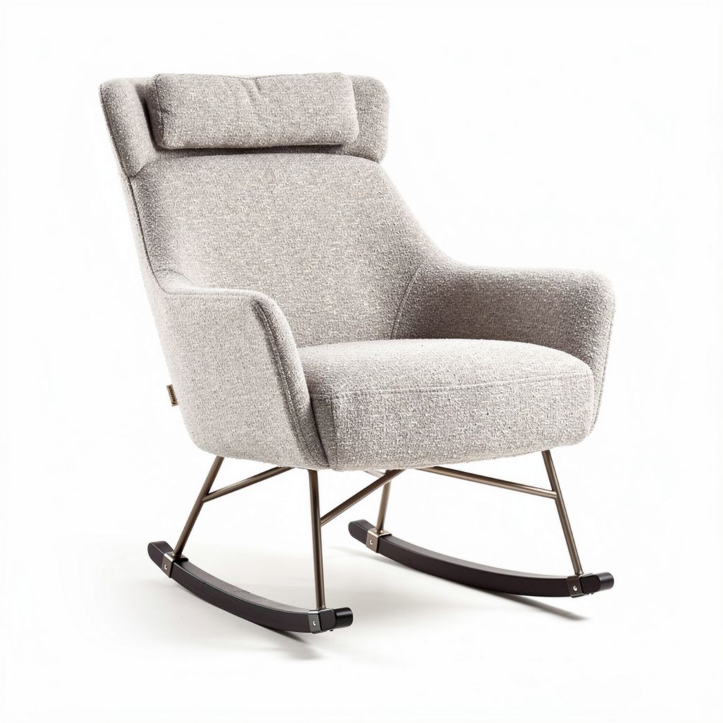 Rocking chair in light gray fabric with steel frame and headrest 80 x 75 x 100cm