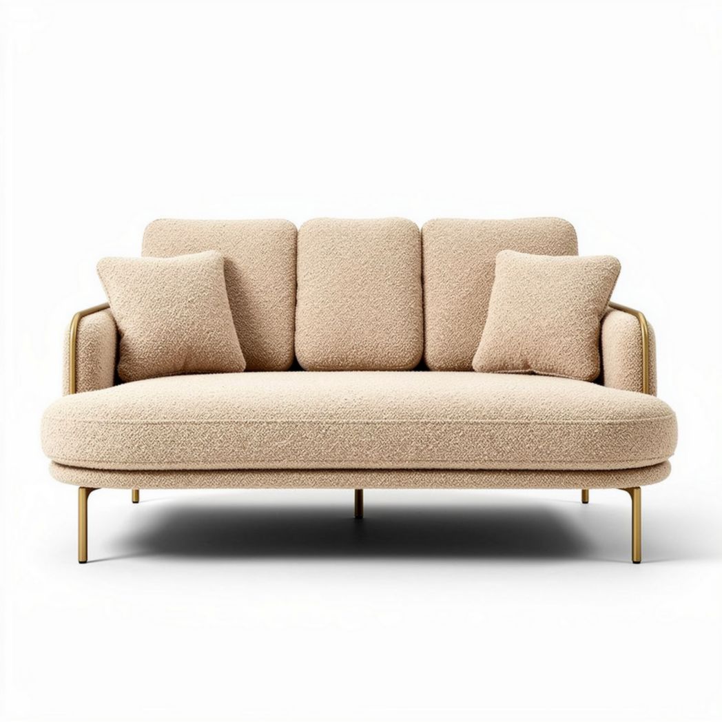Boucle fabric sofa with gold metal legs and removable cushions 180 x 85 x 75cm