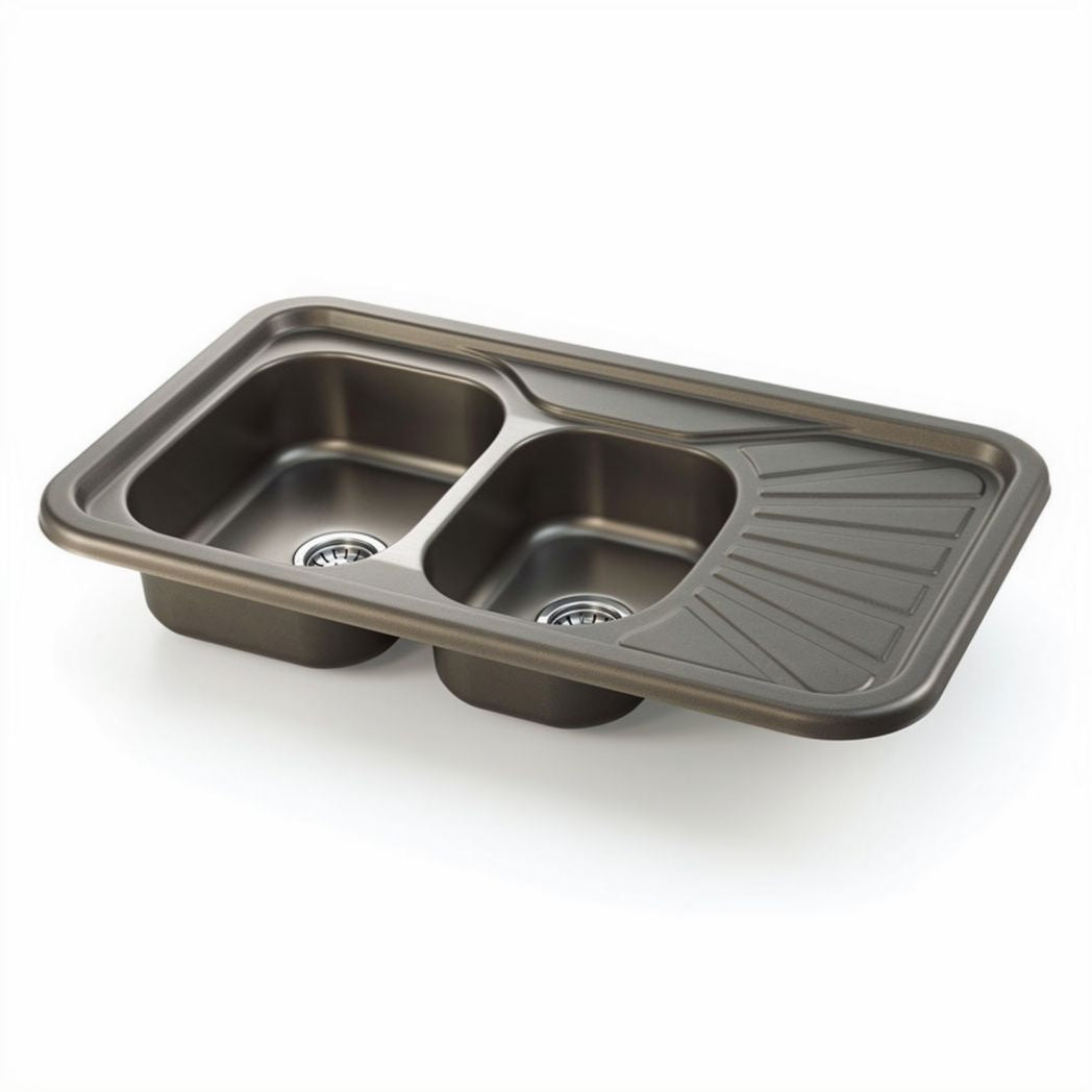 Stainless steel double basin kitchen sink with integrated draining board 80 x 50 x 20cm