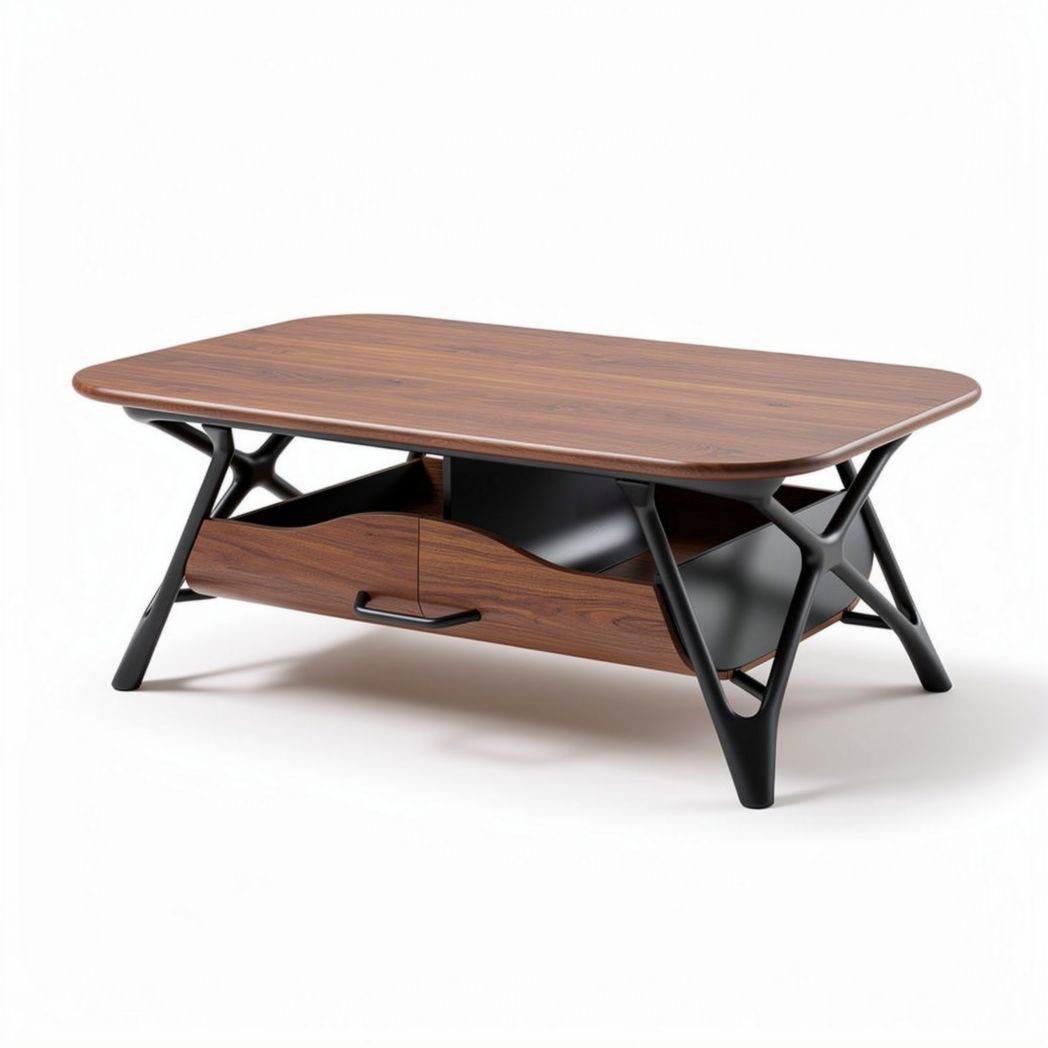 Wooden coffee table with storage drawer and black metal legs 120 x 60 x 45cm