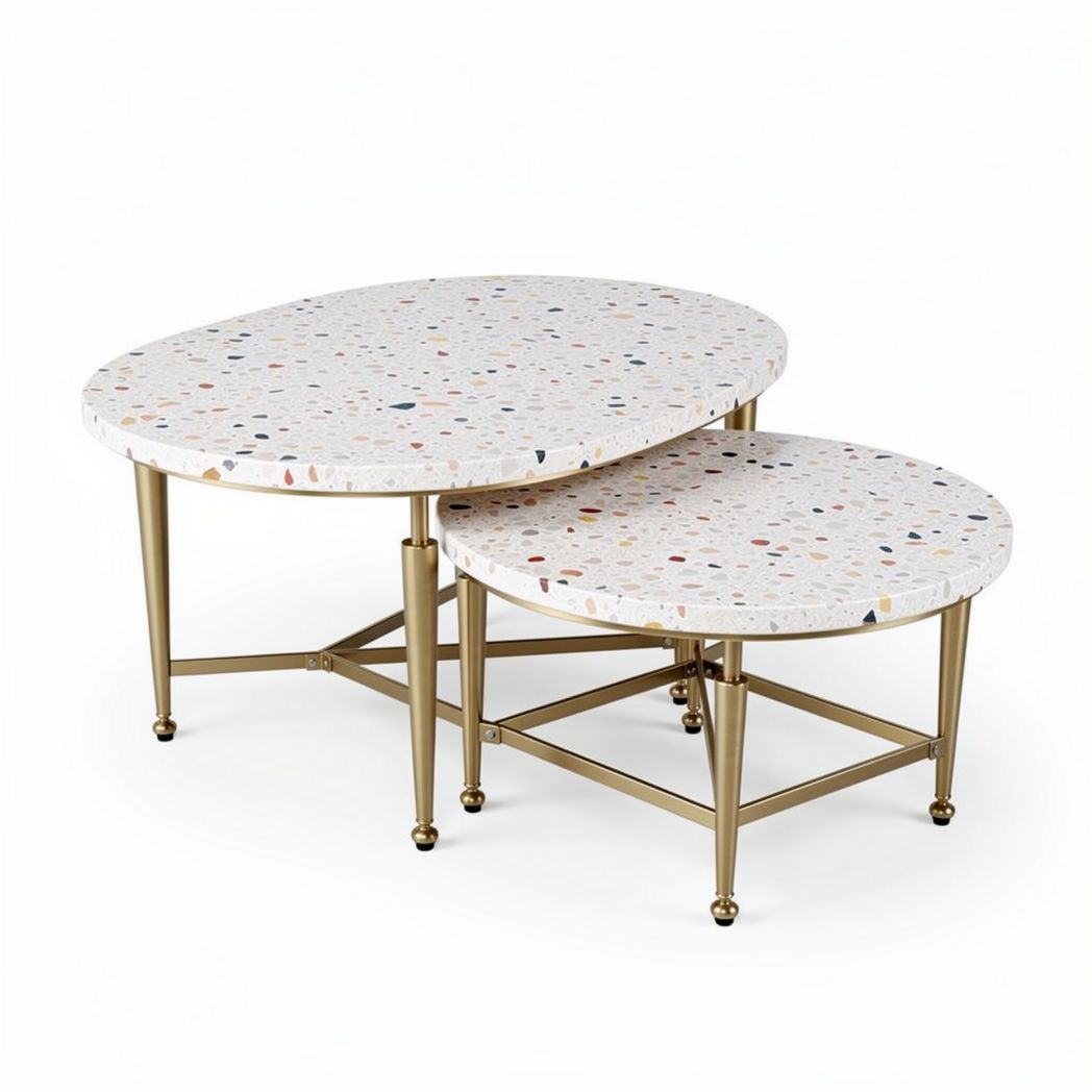 Terrazzo nesting coffee tables with metal frames in gold finish 80 x 50 x 40cm