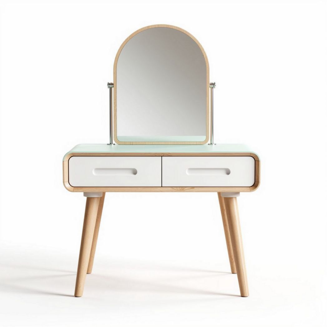 Wooden vanity table with two drawers and arched mirror 80 x 45 x 75cm