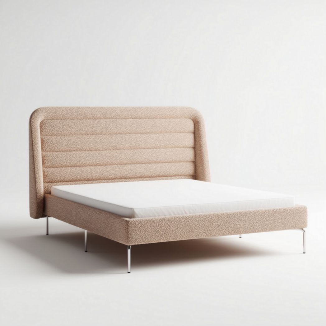 Upholstered platform bed frame with headboard in light beige fabric 200 x 160 x 30cm