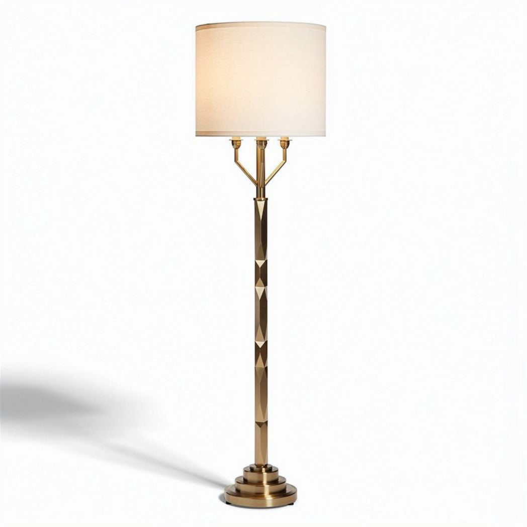 Brass floor lamp with geometric base and white shade 40 x 40 x 150cm