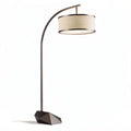 Modern arc floor lamp with fabric shade and geometric base in black 20 x 30 x 140cm
