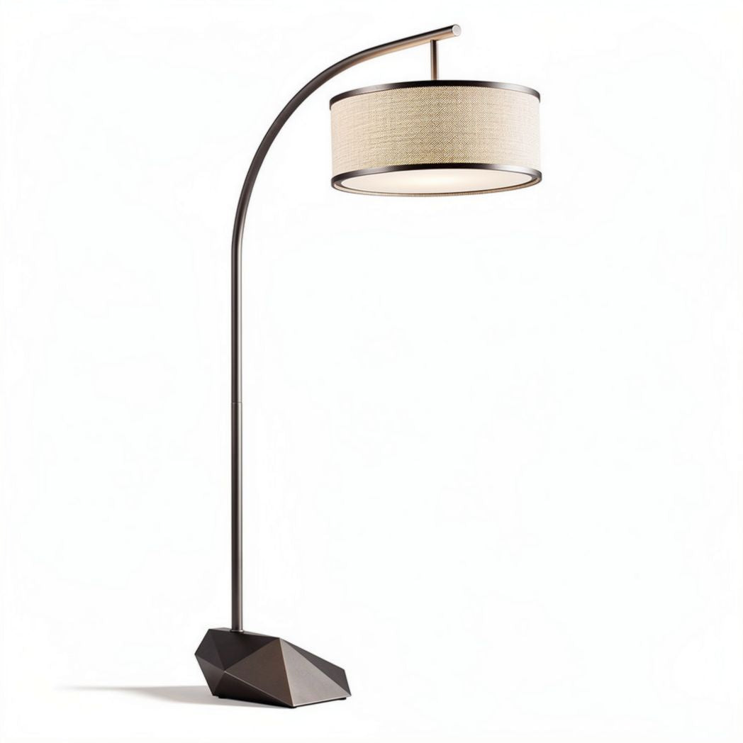 Modern arc floor lamp with fabric shade and geometric base in black 20 x 30 x 140cm