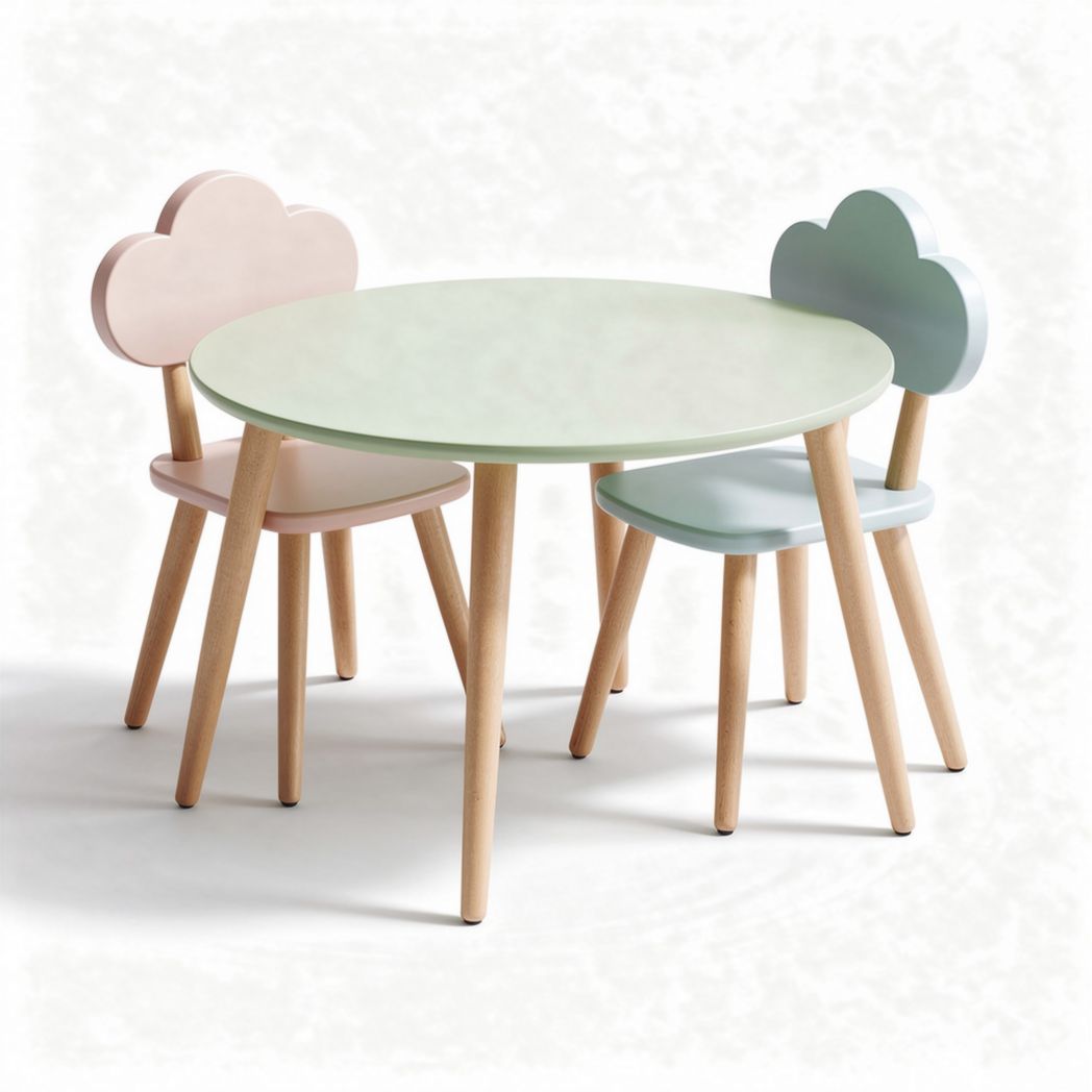 Childrens cloud-shaped table set with wood legs and colorful chairs 80 x 80 x 50cm