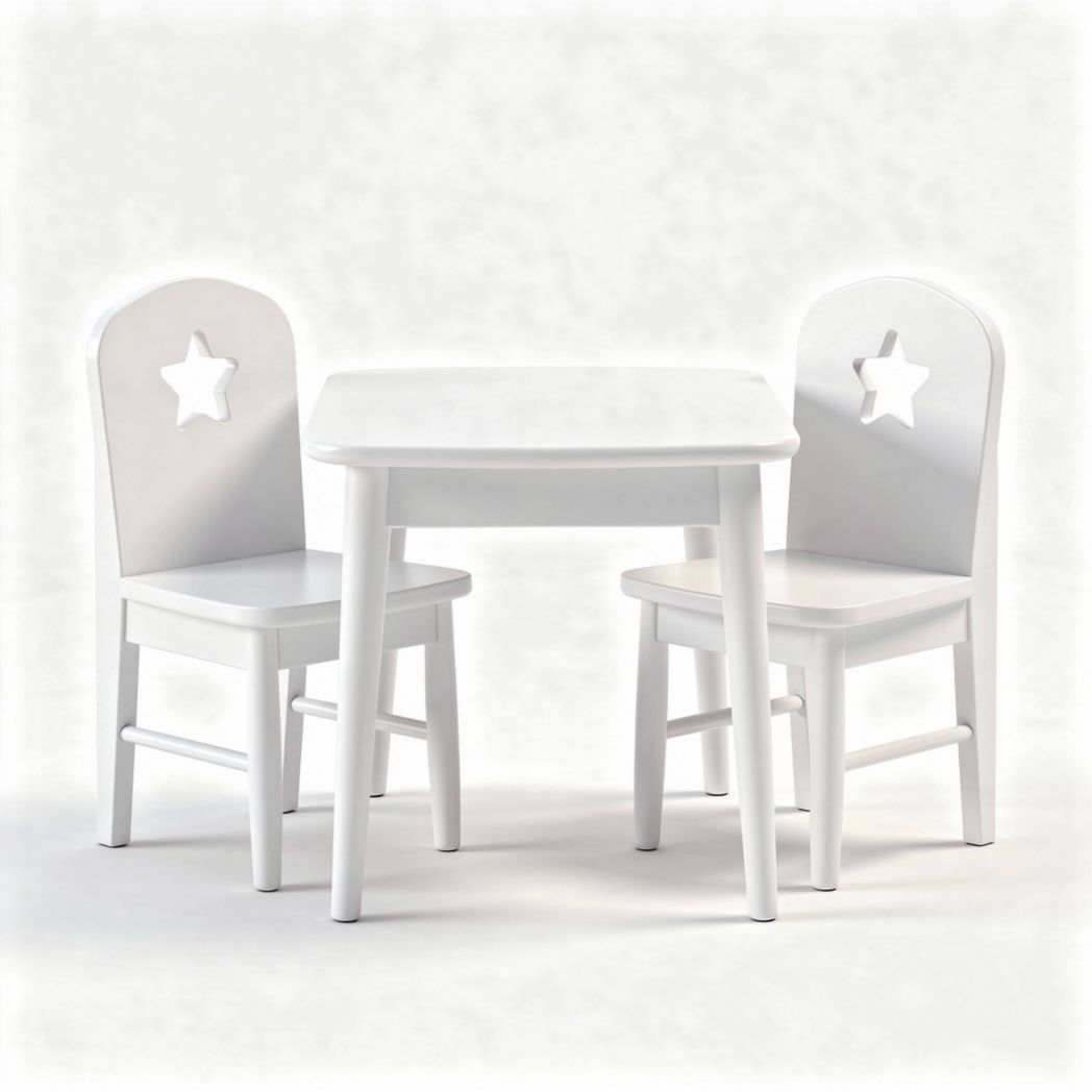 Children's table and chair set in white wood with star cutout design 80 x 60 x 50cm