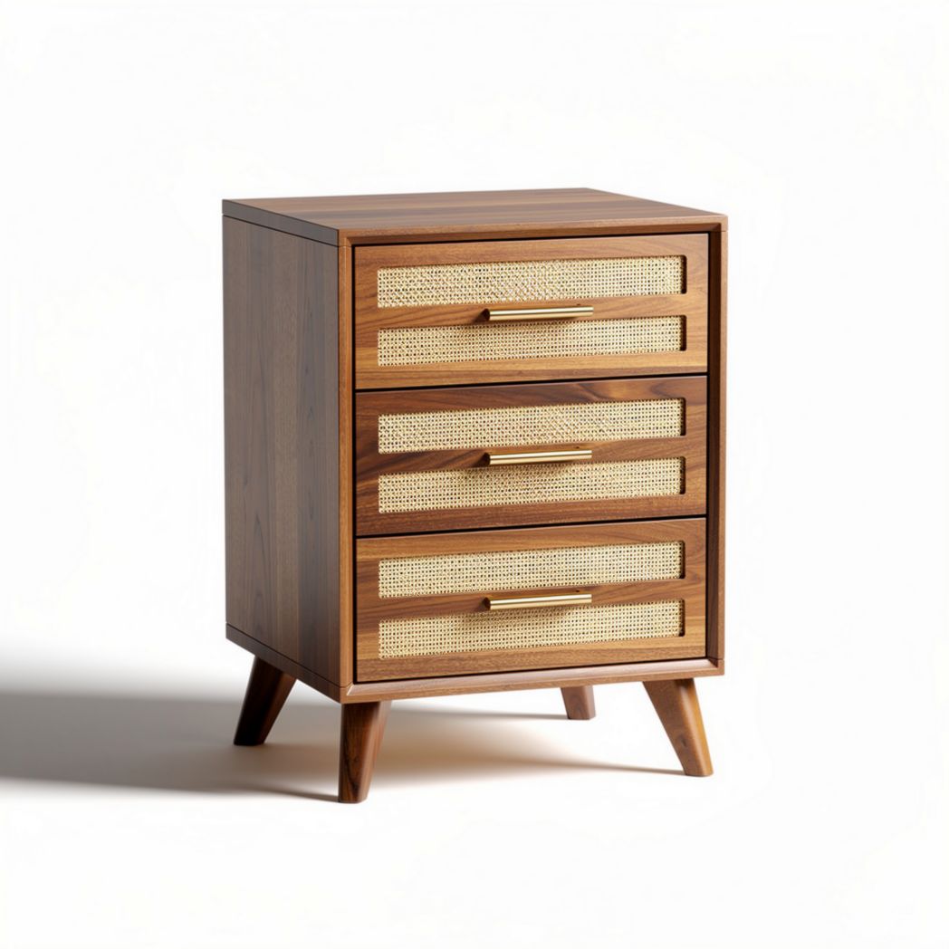 Wooden nightstand with three drawers and rattan details 40 x 30 x 60cm