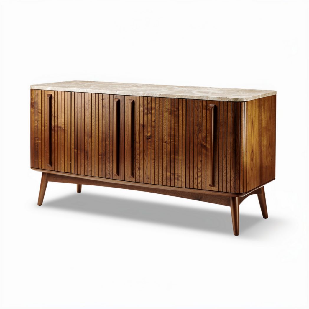 Wooden sideboard with marble top and vertical slat design 120 x 45 x 75cm